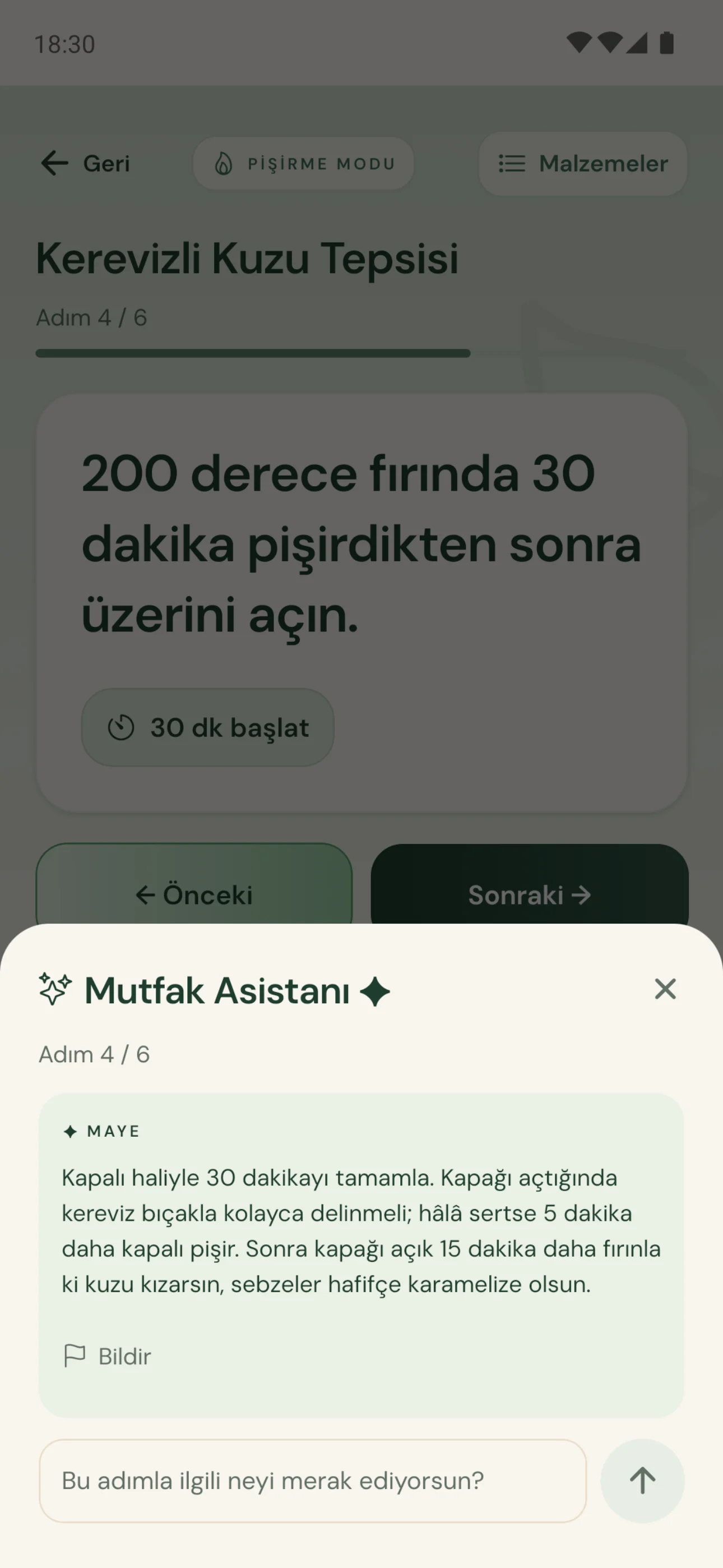Maye Mutfak Asistanı: Kerevizli Kuzu Tepsisi, 4. adımda ne kadar daha pişirileceğine dair yanıt