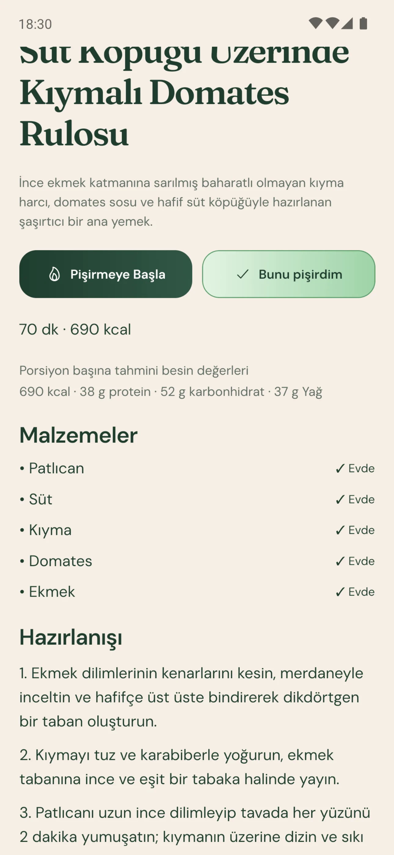 Süt Köpüğü Üzerinde Kıymalı Domates Rulosu, tüm malzemeler: kıyma, domates, ekmek, süt, patlıcan