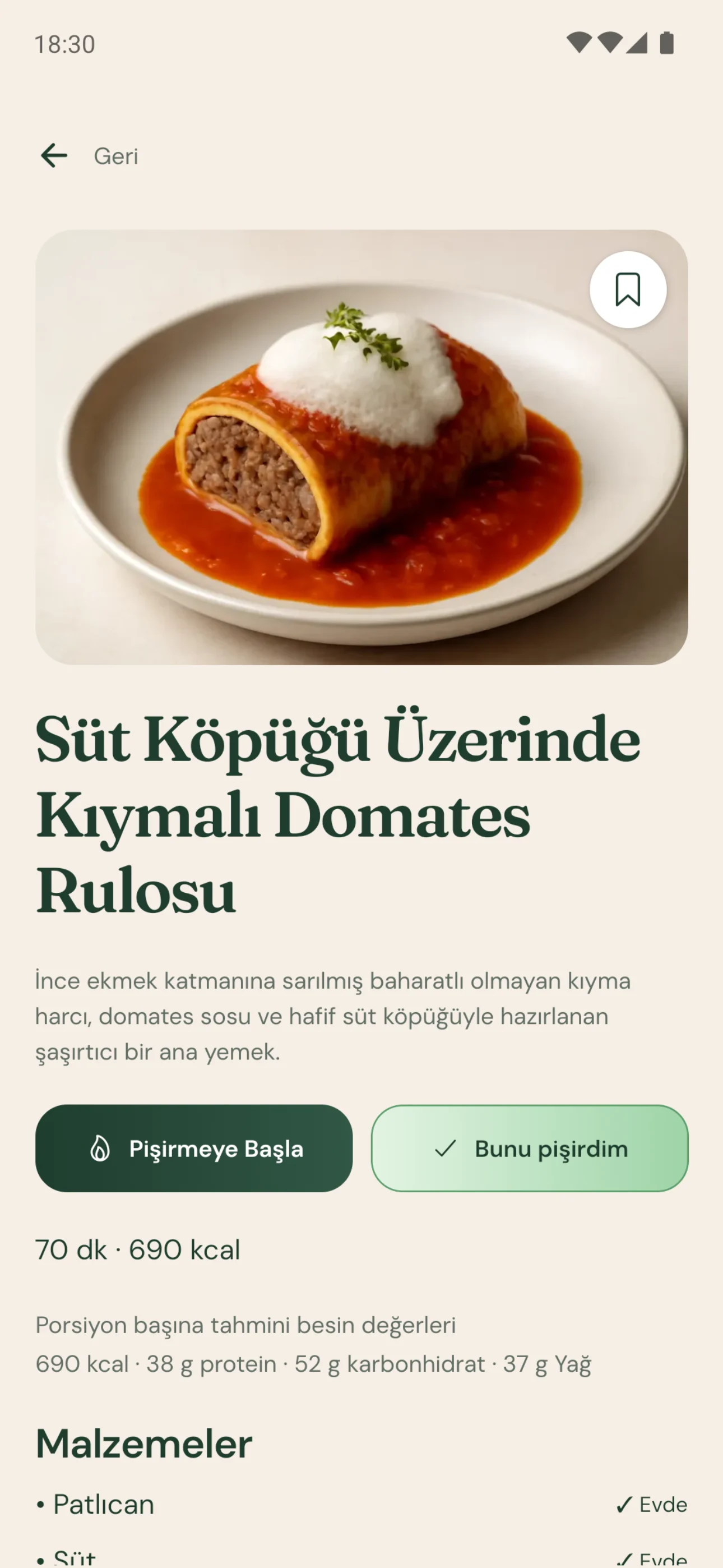 Maye tarif ekranı: Süt Köpüğü Üzerinde Kıymalı Domates Rulosu, 70 dakika, 690 kcal