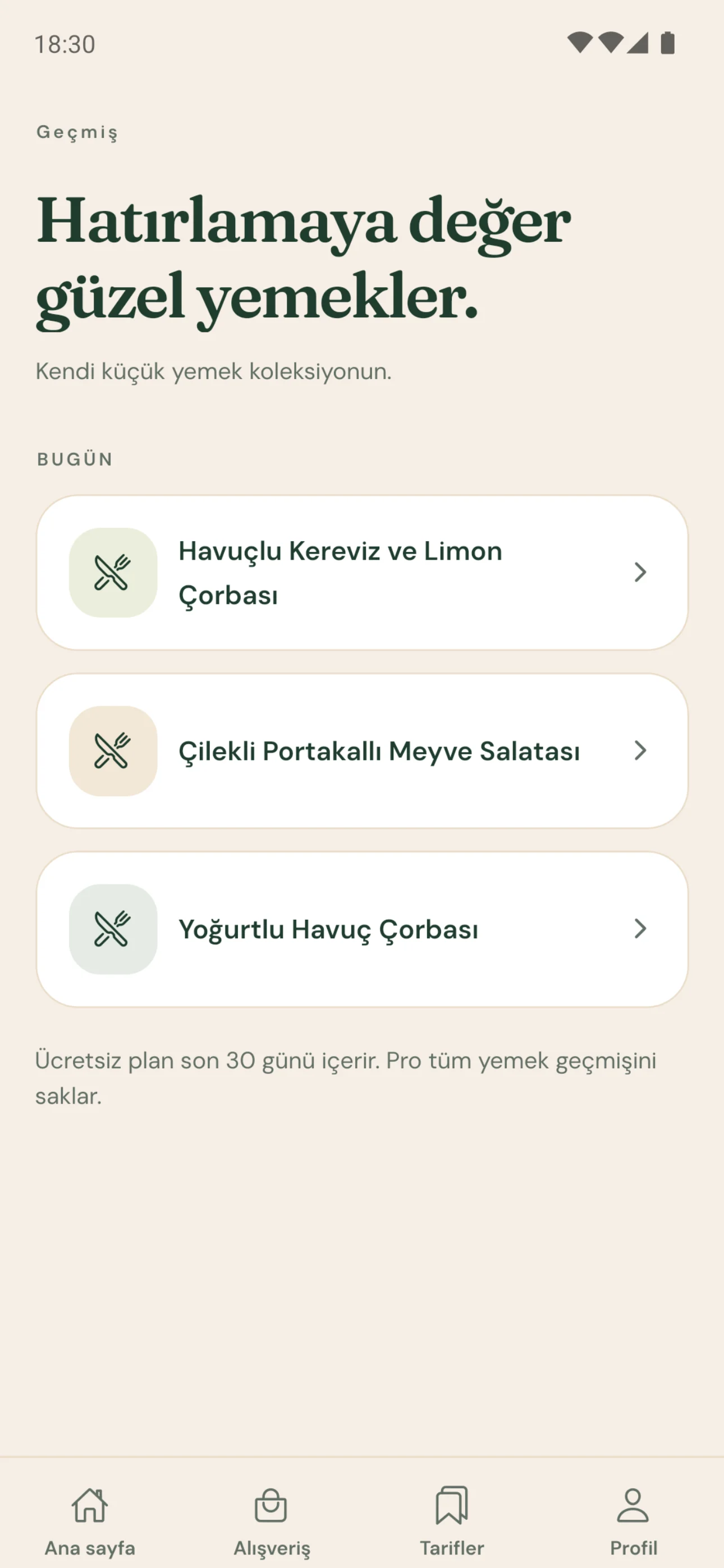 Maye geçmiş ekranı: Yoğurtlu Havuç Çorbası, Çilekli Portakallı Meyve Salatası, Havuçlu Kereviz ve Limon Çorbası