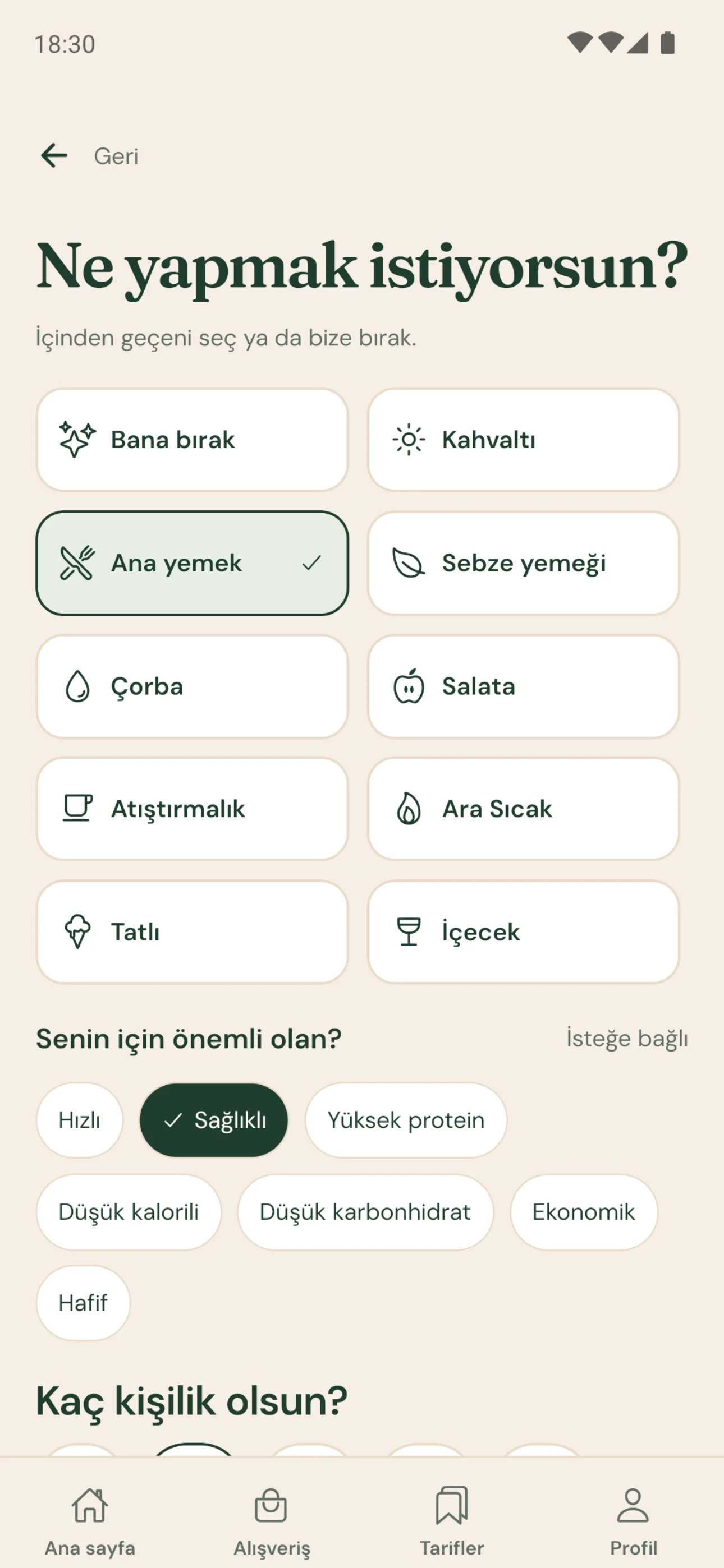 Maye ne yapmak istiyorsun ekranı: yemek türü seçimi