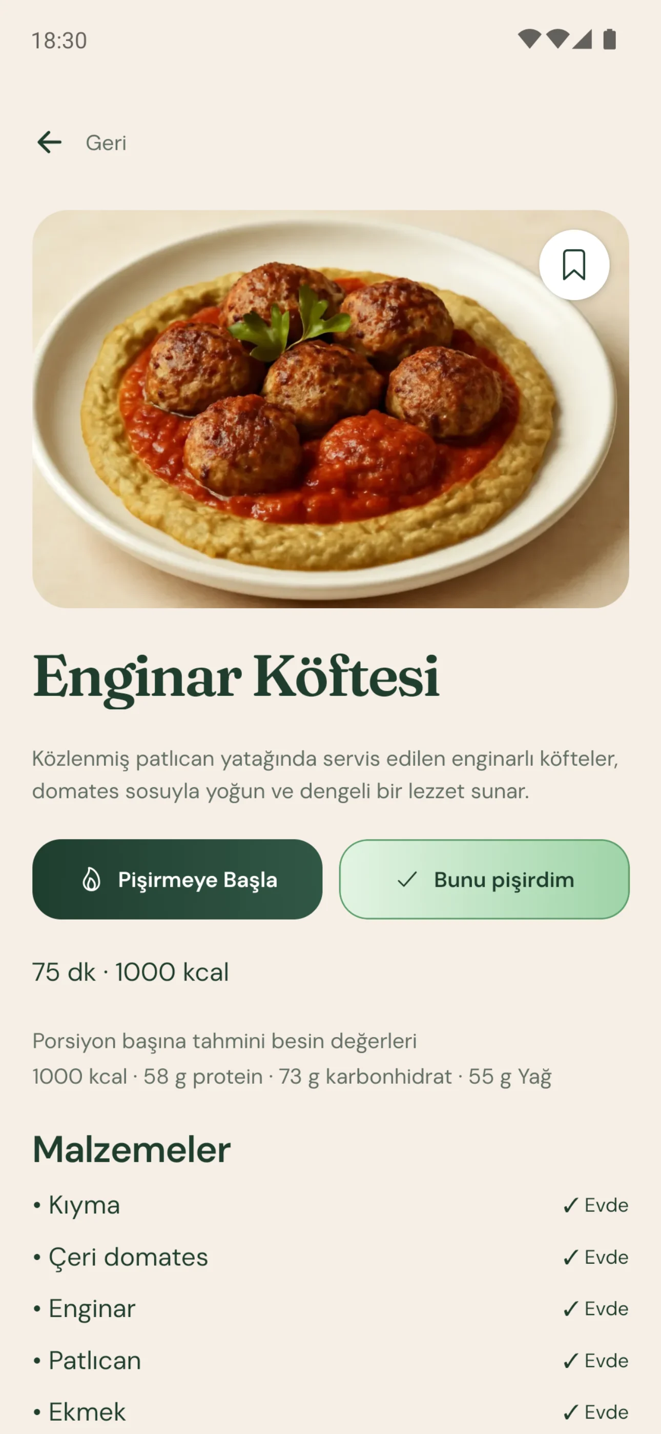 Maye tarif ekranı: Enginar Köftesi, 75 dakika, 1000 kcal, 58 g protein
