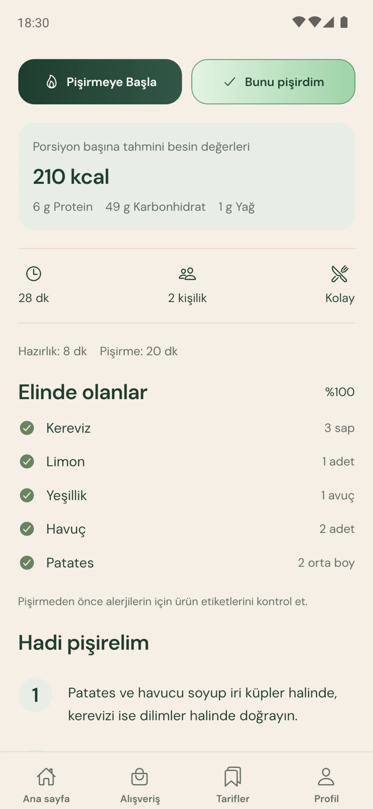 Havuçlu Kereviz ve Patates Haşlama için elinde olanlar, miktarlarıyla: havuç, kereviz, patates, limon, yeşillik