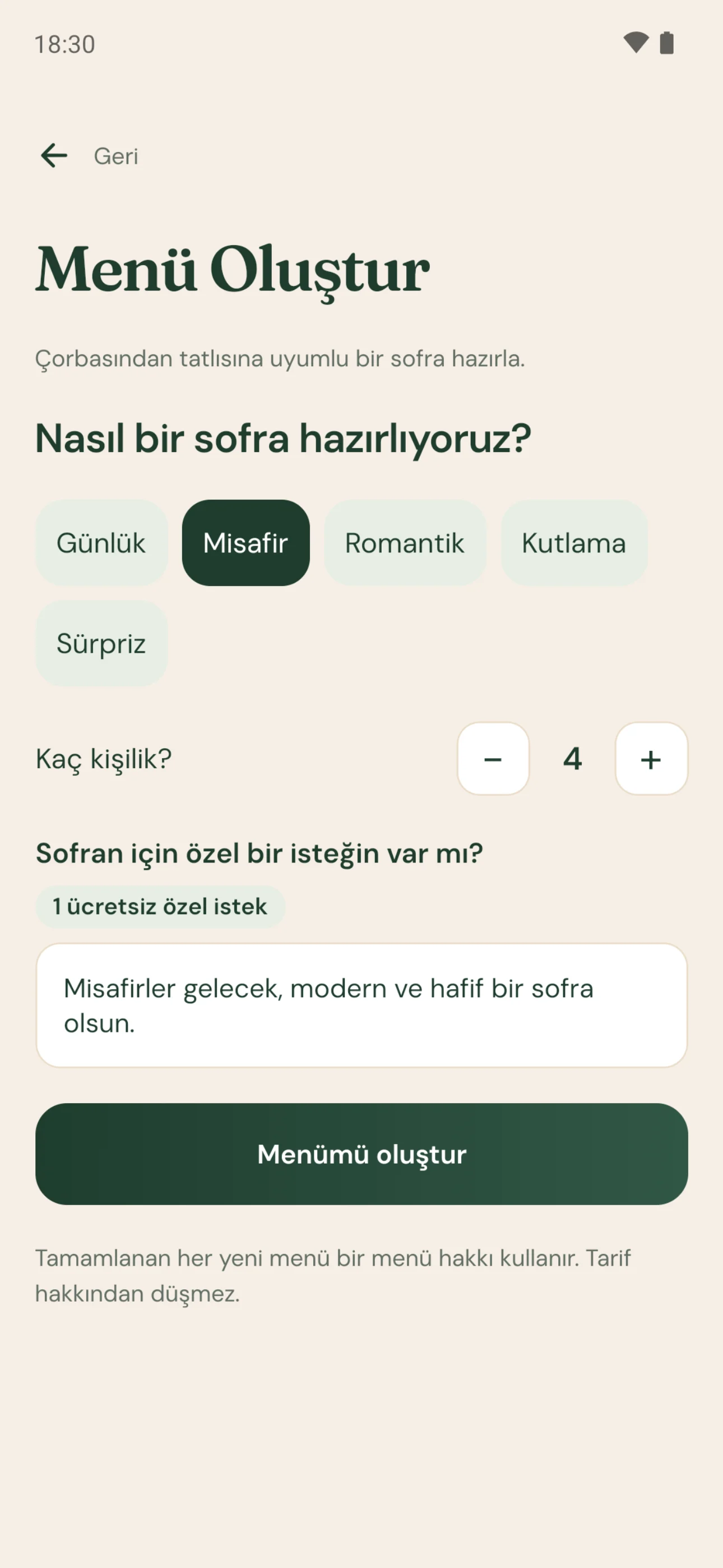 Maye menü oluşturma: misafir sofrası, 4 kişilik, “Misafirler gelecek, modern ve hafif bir sofra olsun.”