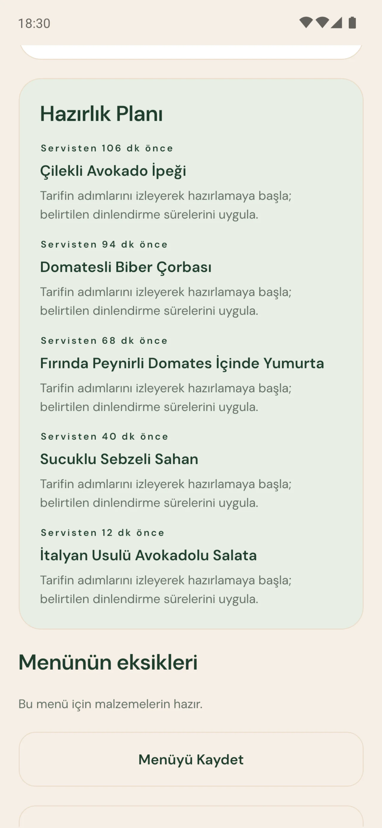 Maye Menü hazırlık planı: servisten önce hangi tarife ne zaman başlanacağı