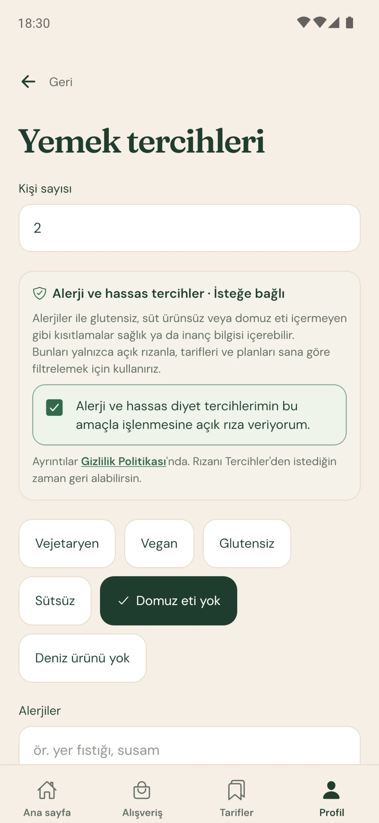 Maye beslenme tercihleri: vejetaryen, vegan, glutensiz, sütsüz, domuz eti yok, deniz ürünü yok