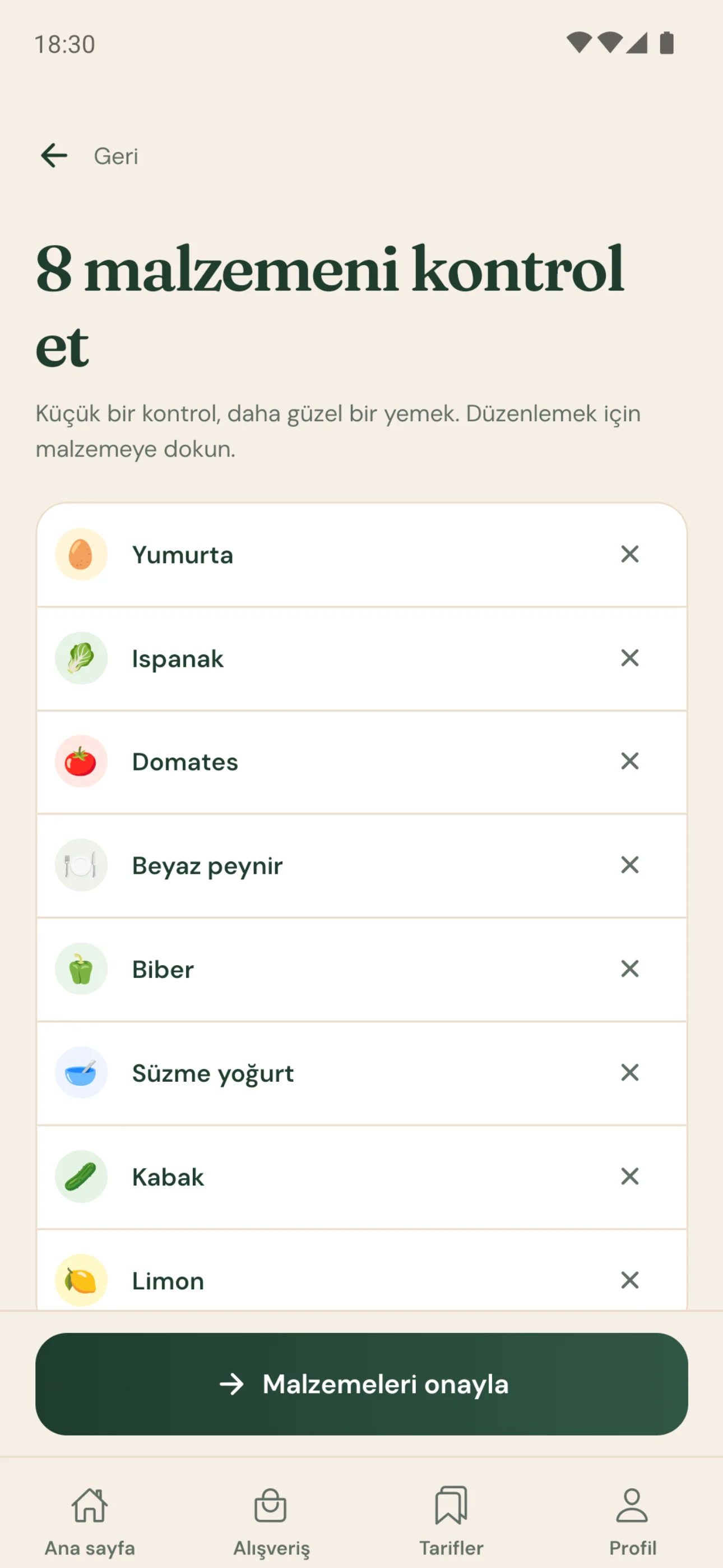 Maye malzeme kontrol ekranı: taranan malzemelerin listesi