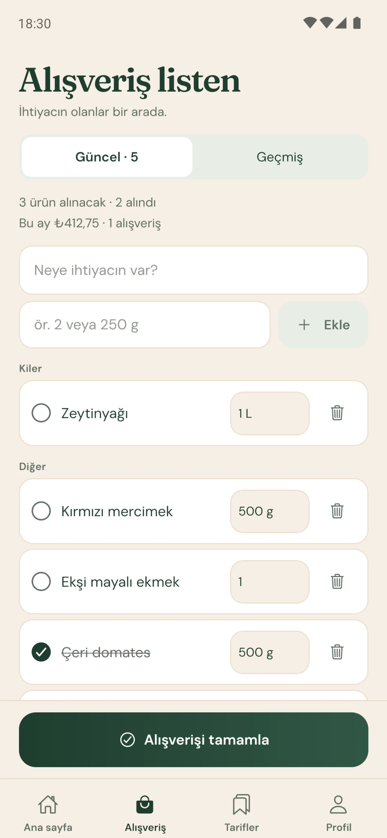 Maye alışveriş listesi: reyonlara göre gruplanmış ürünler
