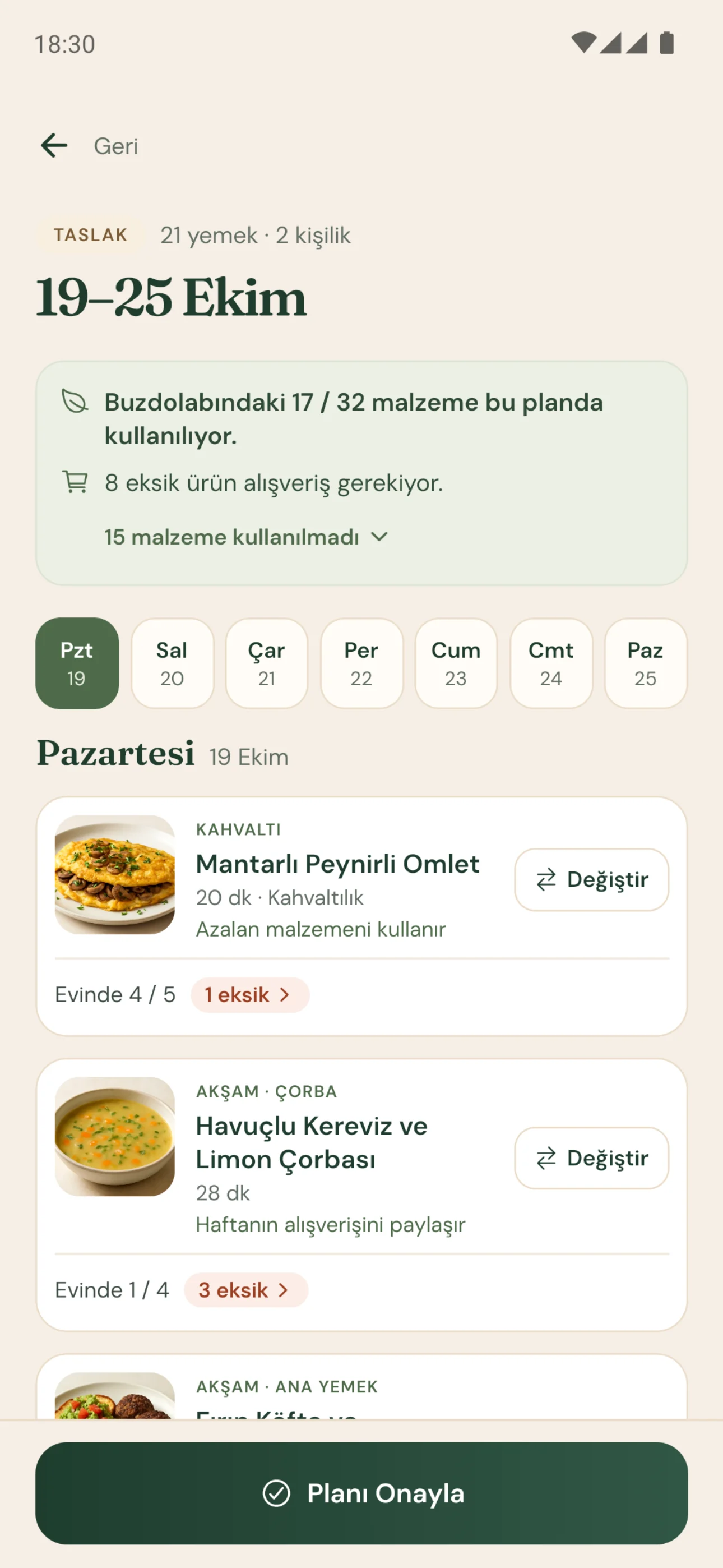 Maye Haftalık Plan: 19–25 Ekim taslağı, buzdolabındaki malzemelerin kullanımı, eksikler ve pazartesi yemekleri